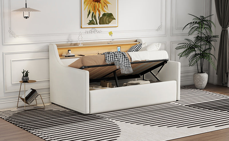 Twin Size Daybed with Hydraulic Storage, Upholstered Daybed with Lift Up Storage, Twin Leather Daybed with Charging Station and LED Lights,White(Expect arrival date Feb.13rd)