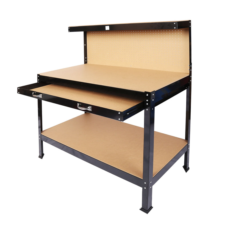 Steel Workbench Tool Storage Work Bench Workshop Tools Table With Drawer And Peg Board - Black / Light Brown