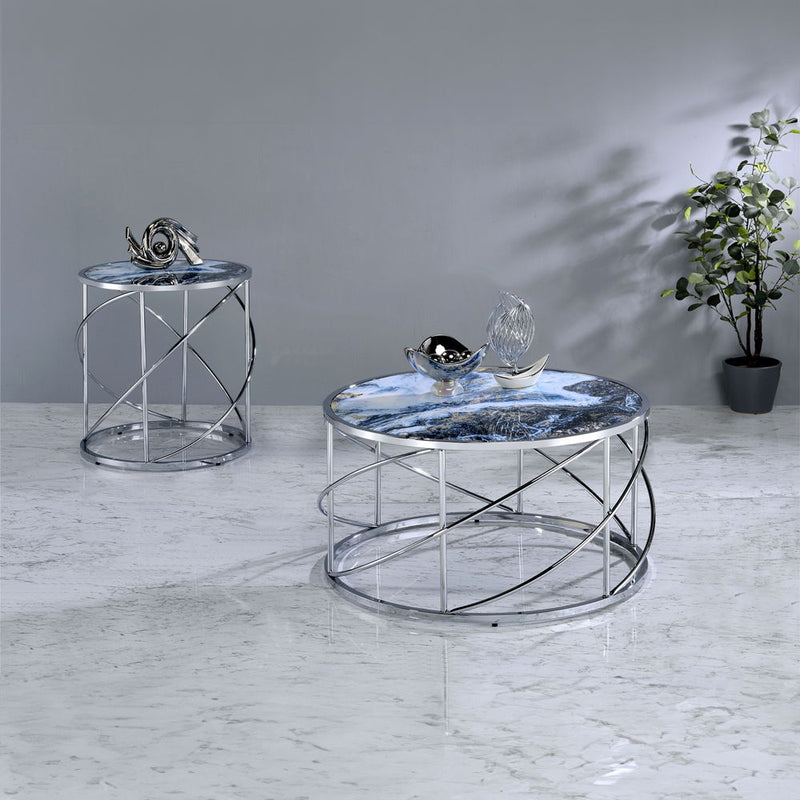 Lyda - End Table - Blue Marble Print & Chrome