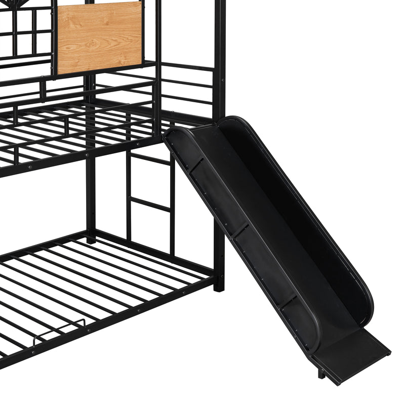 Twin Over Twin Metal Bunk Bed, Metal Housebed with Slide and Storage Stair, Black with Black Slide