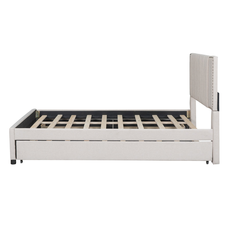 Queen Size Upholstered Platform Bed with 2 Drawers and 1 Twin XL Trundle, Classic Headboard Design, Beige