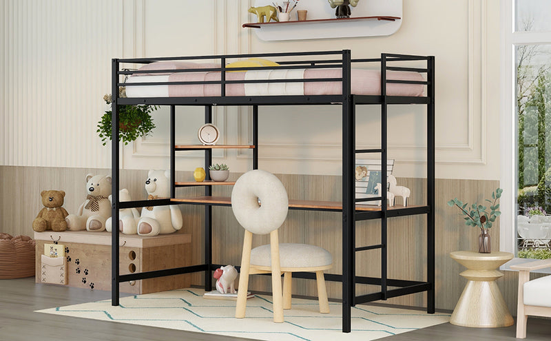 Twin Metal Loft Bed with Desk and Shelve,Black