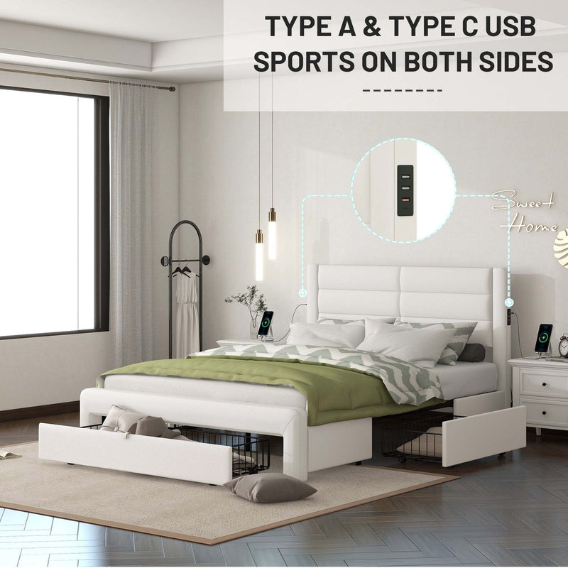 Queen Size Bed Frame with Drawers Storage, Leather Upholstered Platform Bed with Charging Station, White (Expect arrive date Jan. 12th. 2024)