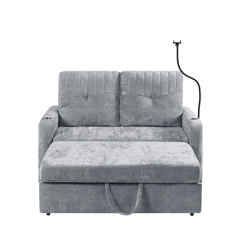 Modern Loveseat Pull Out Sofa Bed With Adjustable Backrest, Two Cup Holders, A Phone Holder, Three Charging Ports And Side Storage Pockets For Living Room