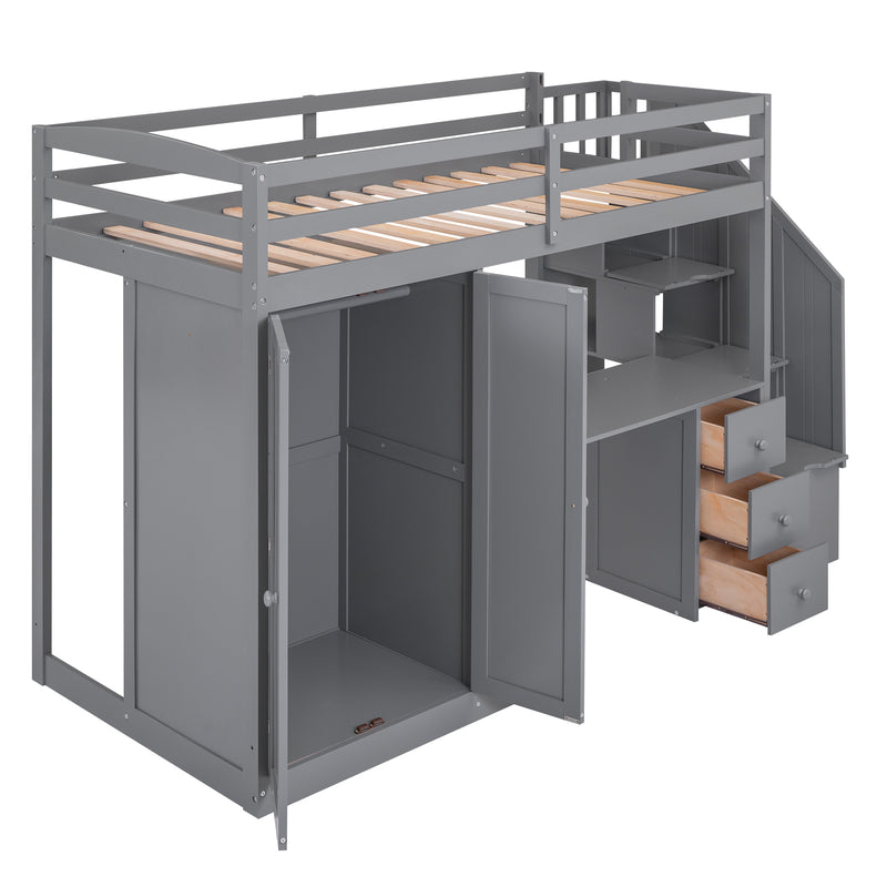 Twin Size Loft Bed with Wardrobe and Staircase, Desk and Storage Drawers and Cabinet in 1,Gray