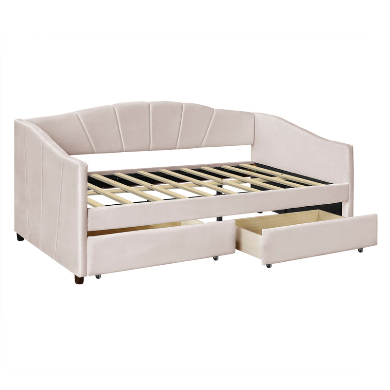 Upholstered daybed Twin Size with Two Drawers and Wood Slat  ,Beige