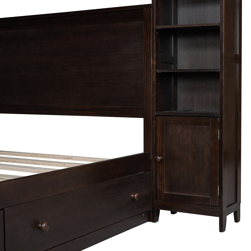 Queen Size Wooden Bed With All-in-One Cabinet, Shelf and Sockets, Espresso