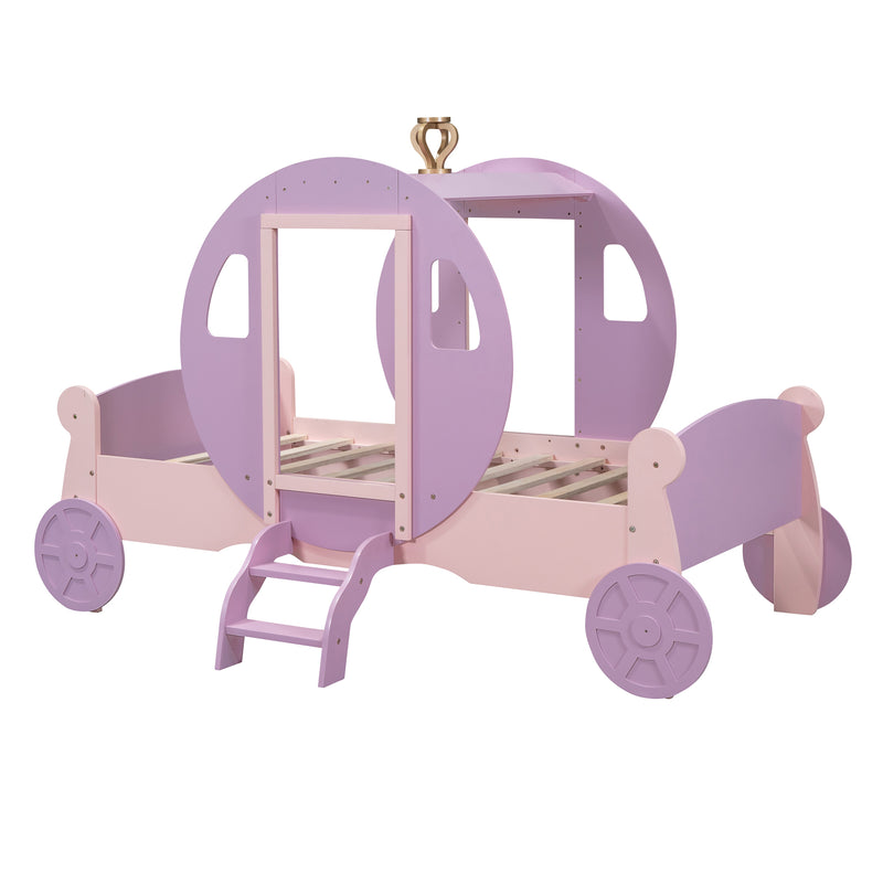 Twin size Princess Carriage Bed with Crown,Wood Platform Car Bed with Stair,Purple+Pink