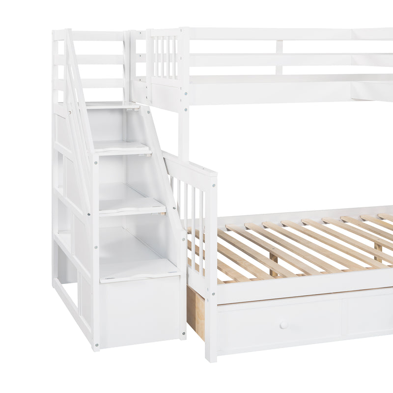 Twin over Full L-Shaped Bunk Bed With 3 Drawers, Ladder and Staircase - White