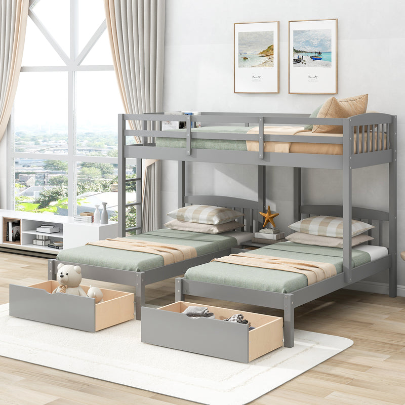 Twin over Twin & Twin Bunk Bed with Two Drawers and Built-in Middle Drawer, Gray