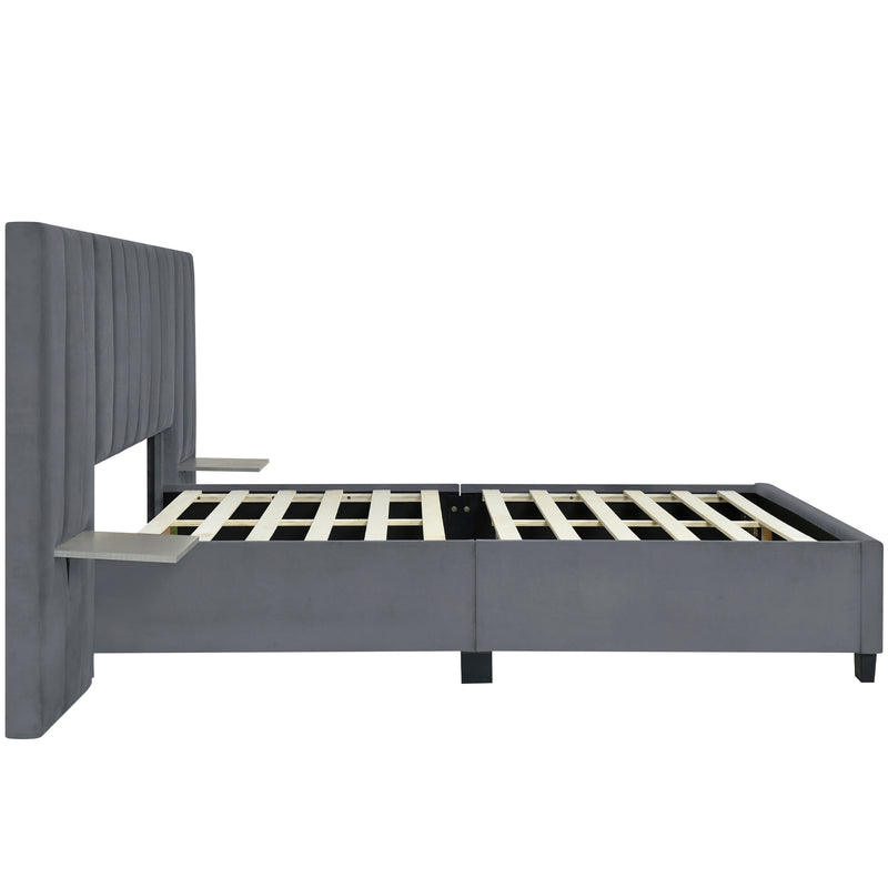 Queen Size Upholstered Platform Bed with Big Headboard, Bedroom Furniture, Velvet, Gray