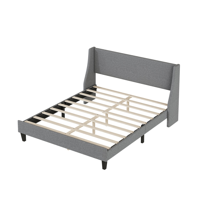 Queen Size Bed Frame Upholstered Bed Frame Platform,Non-adjustable Headboard Linen Fabric Headboard Wooden Slats Support/No Box Spring Needed/Easy Assembly/Mattress Foundation, Light gray