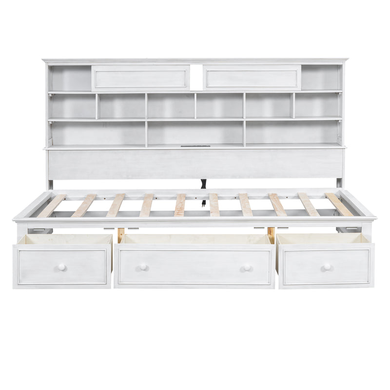 Twin Size Wood Daybed with Multi-Storage Shelves, Charging Station and 3 Drawers, Antique White