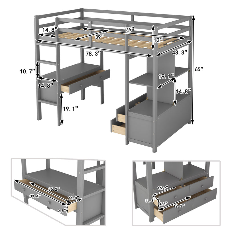 Twin  Size Loft Bed with Built-in Desk with Two Drawers, and Storage Shelves and Drawers,Gray