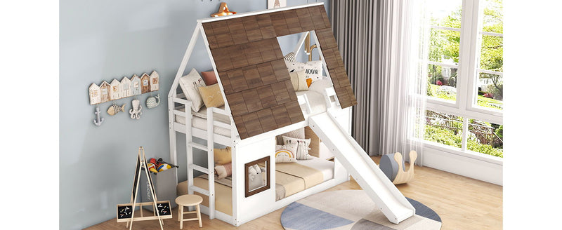 Wood Twin Size House Bunk Bed With Roof, Ladder And Slide - White / Brown