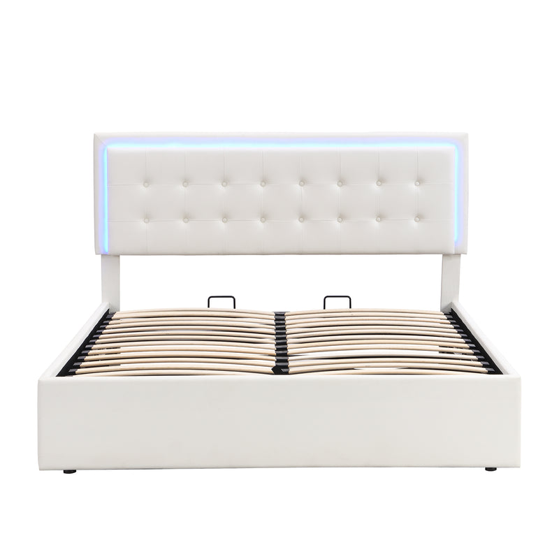 Queen Size Tufted Upholstered Platform Bed with Hydraulic Storage System,PU Storage Bed with LED Lights,White