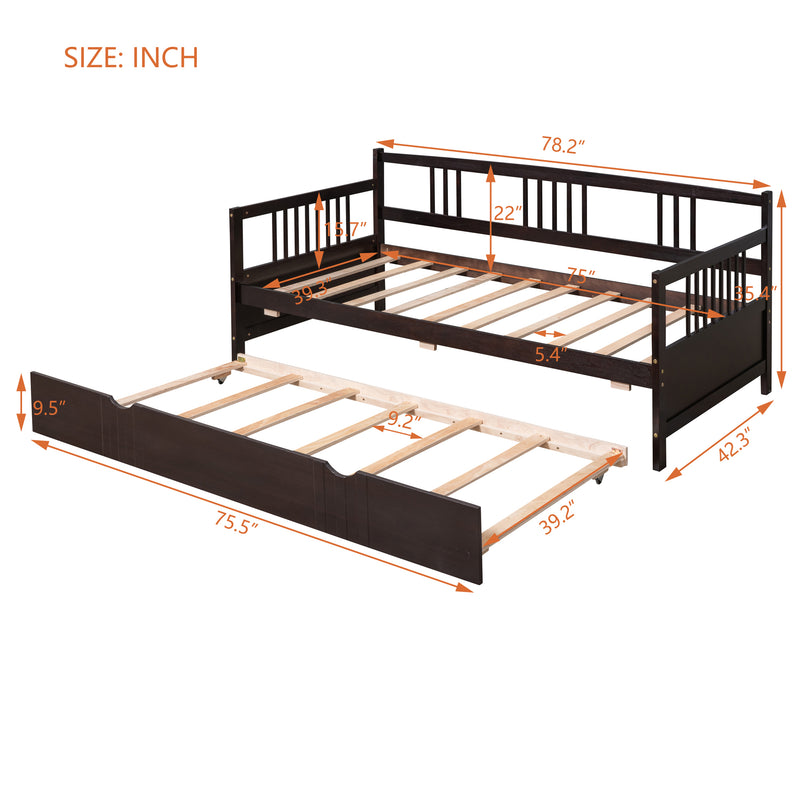 Twin Size Daybed Wood Bed with Twin Size Trundle,Espresso