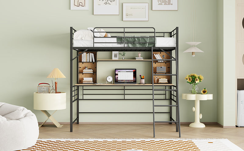 Twin Size Loft Bed with Desk and Shelf , Loft Bed with Ladder,Twin,Black