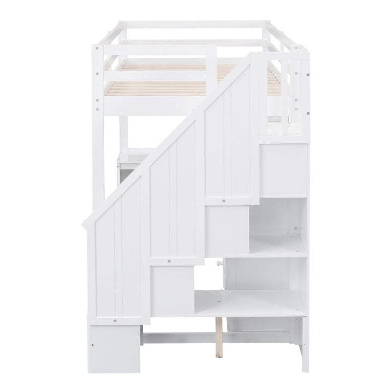 Twin Size Loft Bed with L-Shaped Desk and Drawers, Cabinet and Storage Staircase, White