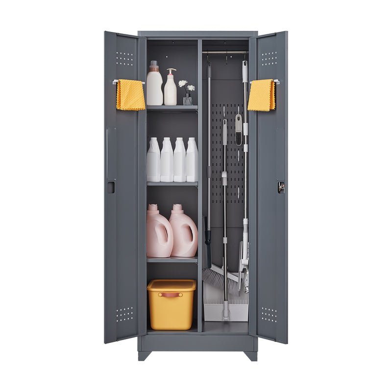 Metal Storage Cabinets, Cleaning Tool Cabinet With Locking Door, Tall Broom Tool Organizer And Storage, Large Storage Cabinet For Kitchen