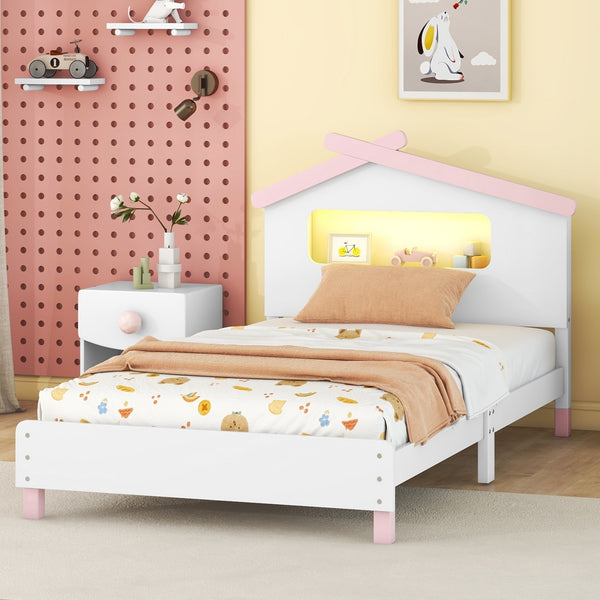 Twin Size Wood Platform Bed with House-shaped Headboard and Motion Activated Night Lights (White+Pink)