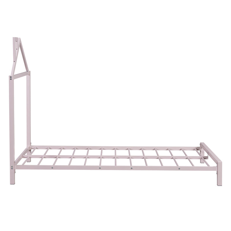 Twin Size Metal Platform Bed with House-Shaped Headboard Design, Pink