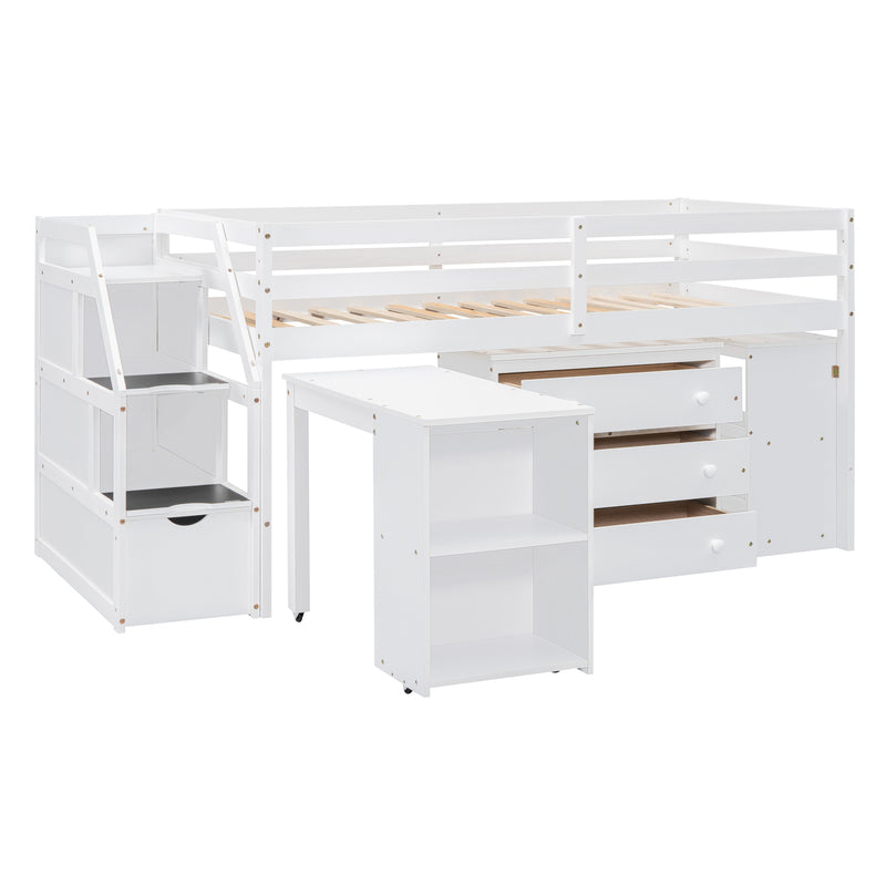 Twin Size Loft Bed with Retractable Writing Desk and 3 Drawers, Wooden Loft Bed with Storage Stairs and Shelves, White