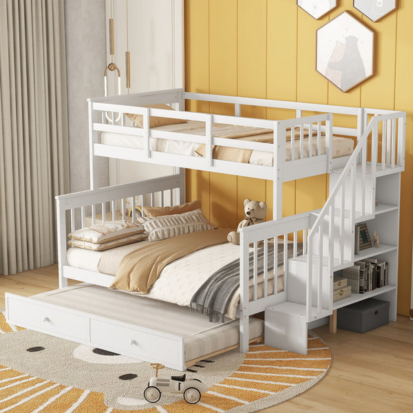 Twin-Over-Full Bunk Bed with Twin size Trundle, Storage and Guard Rail for Bedroom, Dorm, for Adults, White(OLD SKU :LT000119AAK)