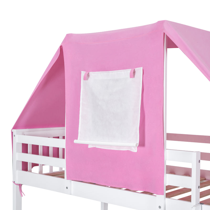 Twin Over Twin Bunk Bed Wood Bed with Tent and Drawers, White+Pink Tent