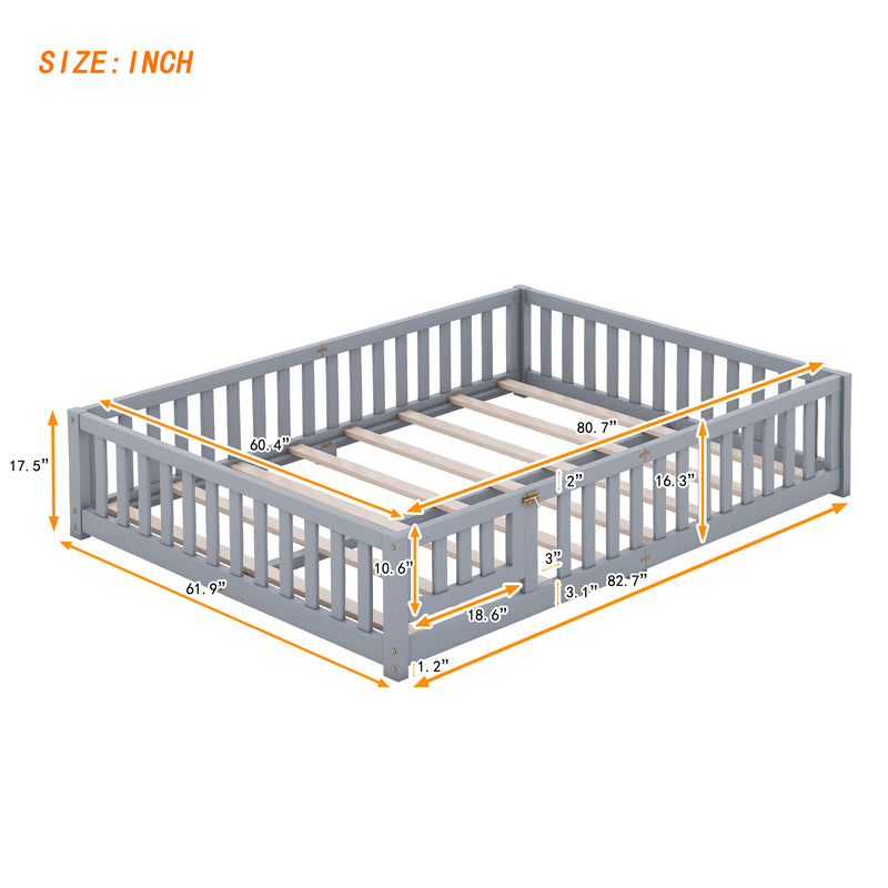 Queen Size Bed Floor Bed with Safety Guardrails and Door for Kids, Gray