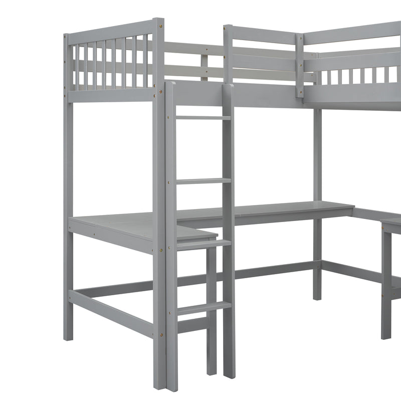 Wood Twin Size L-Shaped Loft Bed with Ladder and 2 Built-in L-Shaped Desks, Gray