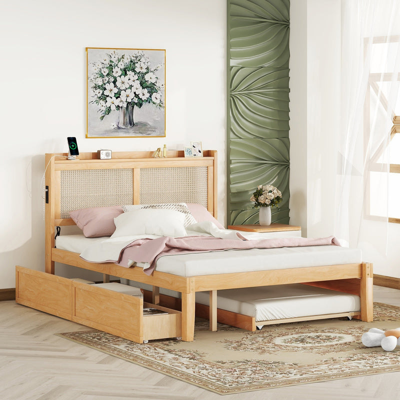 Queen Size Elegant Bed Frame with Rattan Headboard and Sockets ,Walnut