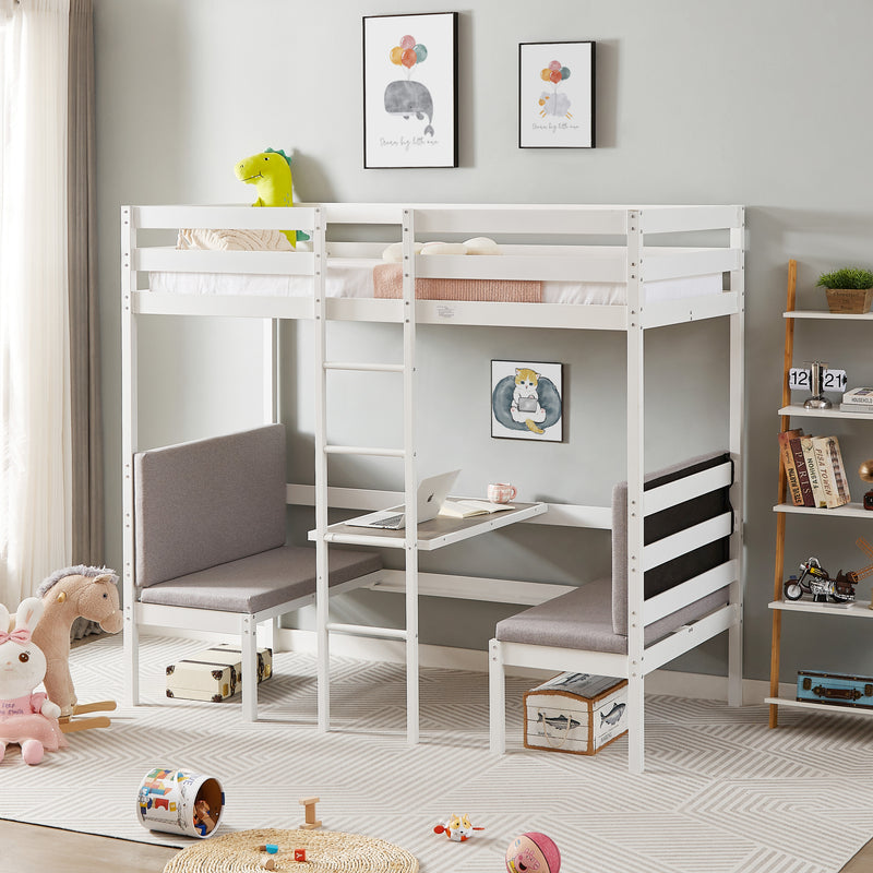 Twin Over Twin Bunk Beds Can be Turn into Upper Bed and Down Desk, Cushion Sets are Free for Kids, Teens, Girls, Boys. White,79''L x 40.9''W x 79''H.