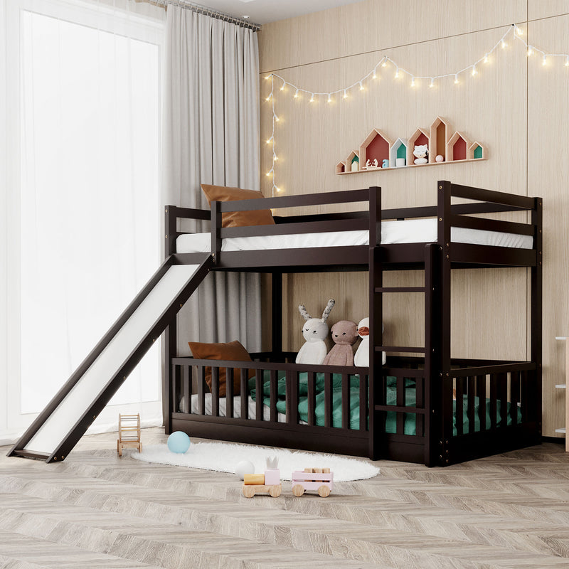 Twin Over Twin Bunk Bed with Slide and Ladder, Espresso（Old SKU:LP000009AAP）