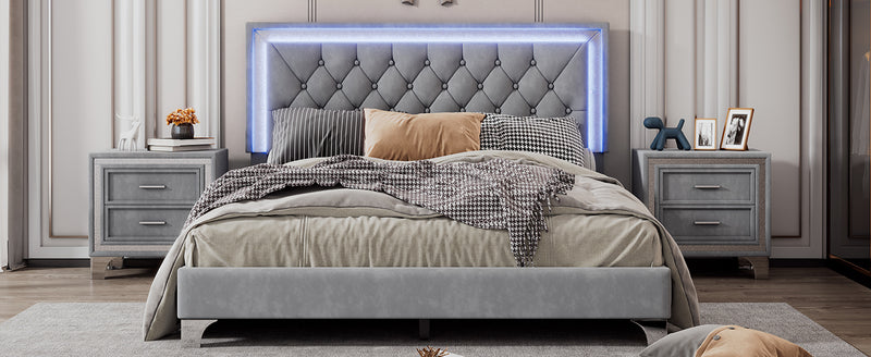 Queen Size Upholstered Bed Frame with LED Lights,Modern Velvet Platform Bed with Tufted Headboard,Gray