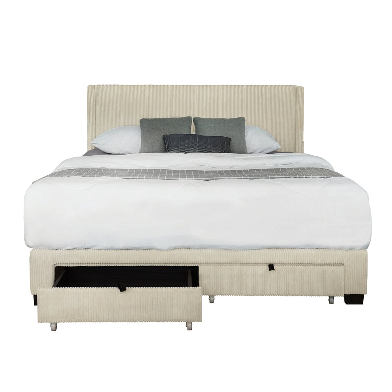 CORDUROY VELVET QUEEN FOOTBOARD DRAWER STORAGE UPHOLSTERED WINGBACK BED NO BOX SPRING REQUIRE BEIGE WHITE