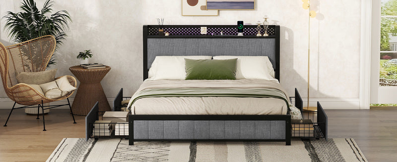 Queen Bed Frame with LED Headboard, Upholstered Bed with 4 Storage Drawers and USB Ports, Light Grey