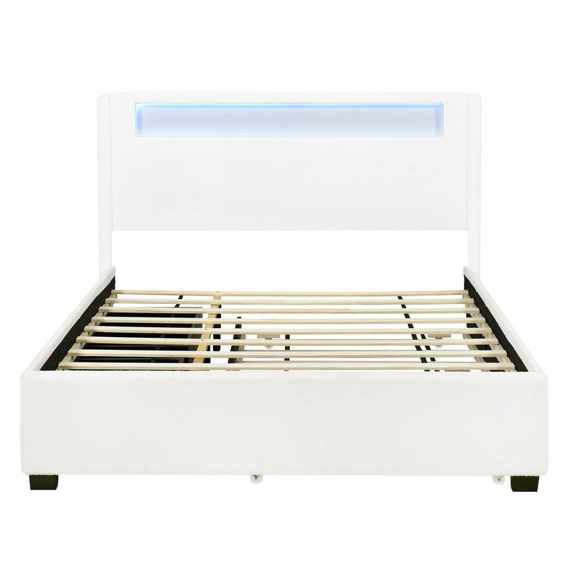 Queen Size Upholstered Platform Bed with LED Frame, with Twin  XL Size Trundle and 2 drawers, Teddy Fleece, White