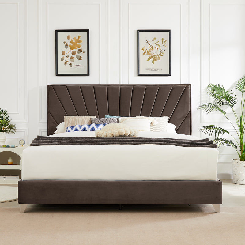 B108 King bed Beautiful line stripe cushion headboard , strong wooden slats + metal legs with Electroplate