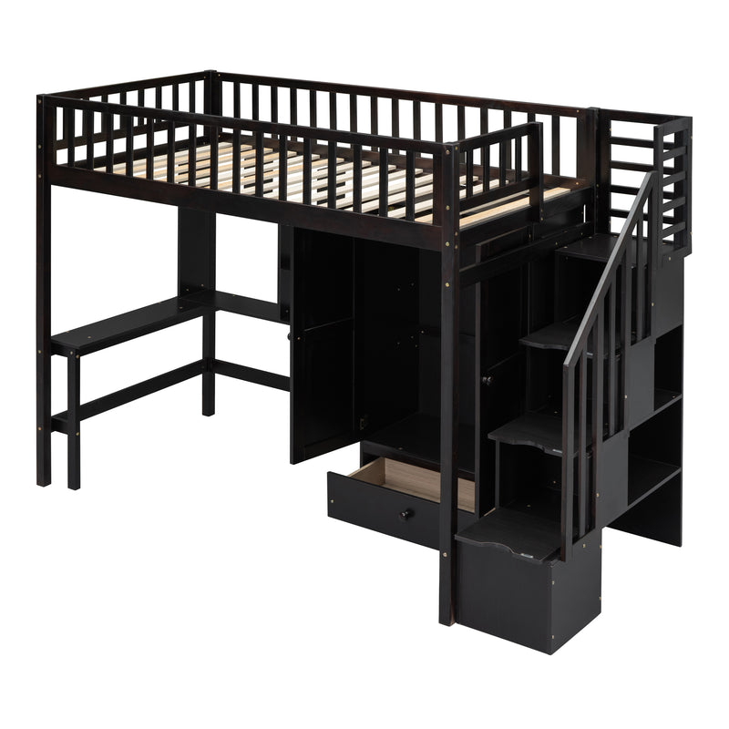 Twin size Loft Bed with Bookshelf,Drawers,Desk,and Wardrobe-Espresso