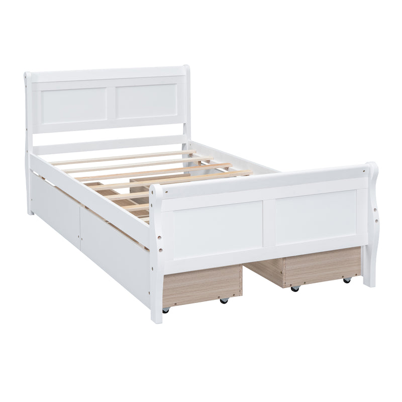 Twin Size Wood Platform Bed with 4 Drawers and Streamlined Headboard & Footboard, White