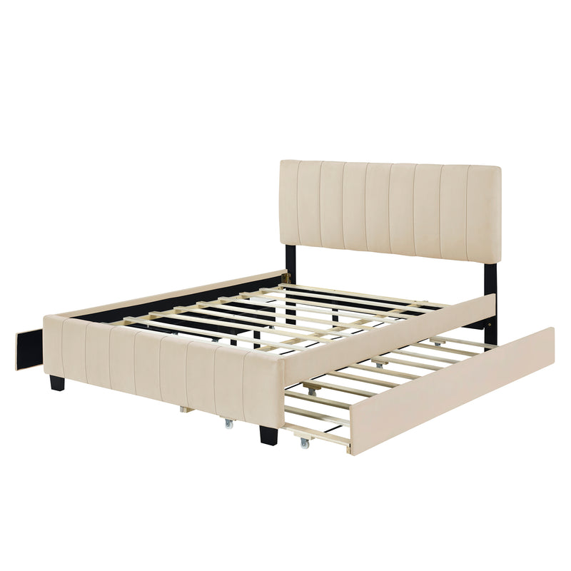 Queen Size Velvet Upholstered Platform Bed with 2 Drawers and 1 Twin XL Trundle- Beige