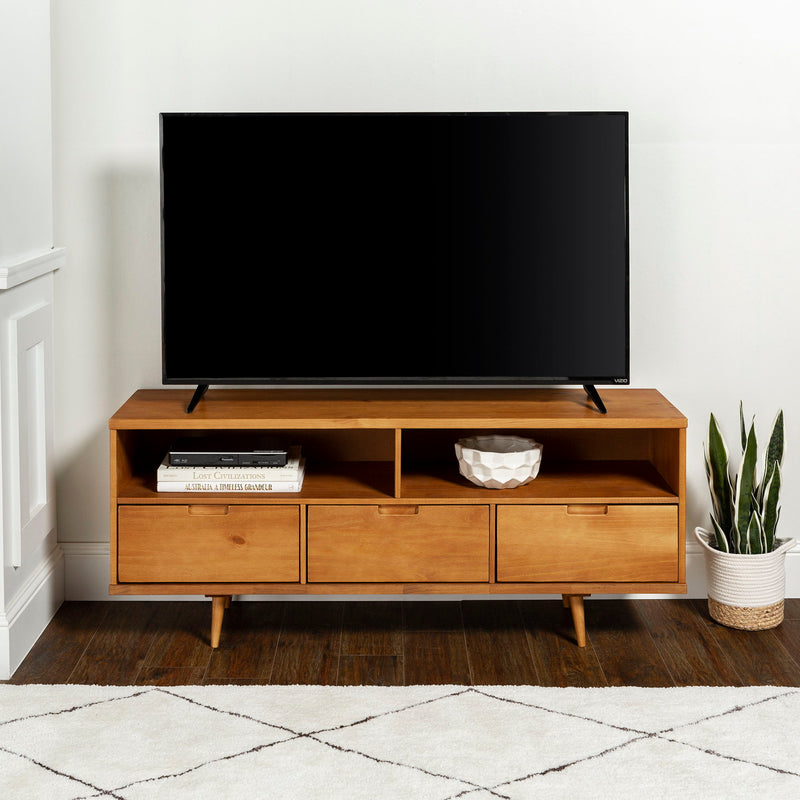 Mid-Century Modern Minimalist 3 Drawer Corner TV Stand For TVs Up To 58