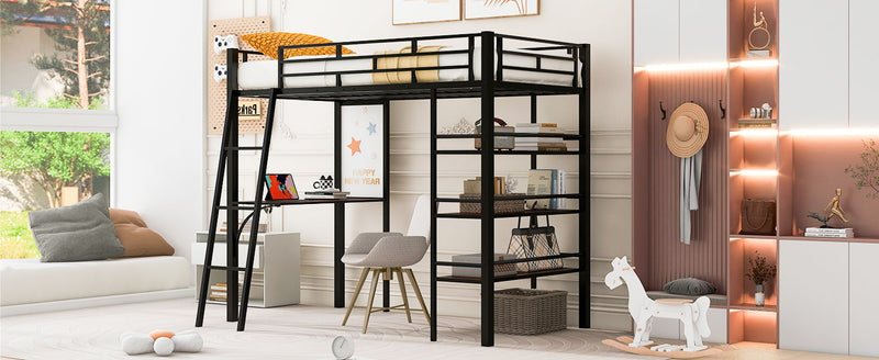 Loft Metal Bed With 3 Layers Of Shelves And Desk, Stylish Metal Frame Bed With Whiteboard