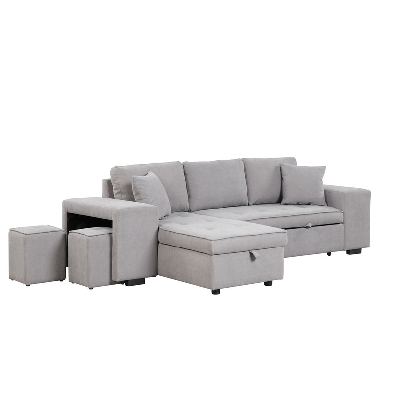 Pull Out Sleeper Sofa Reversible L-Shape 3 Seat Sectional Couch With Storage Chaise And 2 Stools For Living Room Furniture Set - Gray