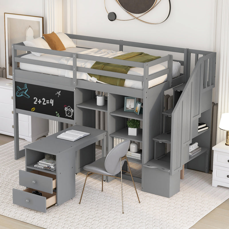 Twin Size Loft Bed with Pullable Desk and Storage Shelves,Staircase and Blackboard,Gray