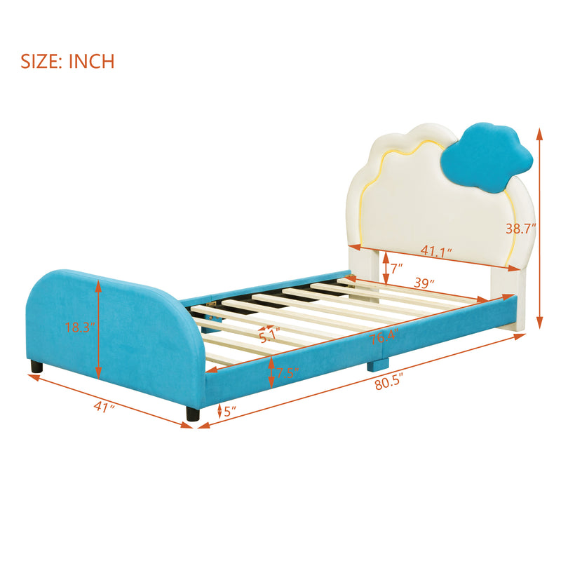 Twin Size Upholstered Platform Bed with Cloud-Shaped Headboard and Embedded Light Stripe, Velvet, Blue