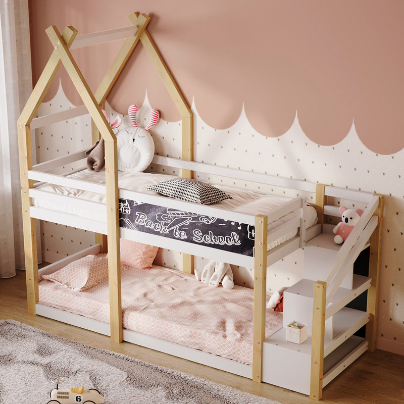 Twin over Twin House Bunk Bed with White Storage Staircase and Blackboard, White and Natural