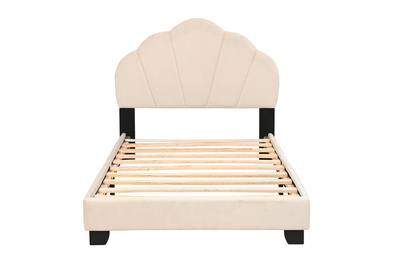 Upholstered Twin Size Platform Bed for Kids, with Slatted Bed Base, No Box Spring Needed, Beige color, Shell Design