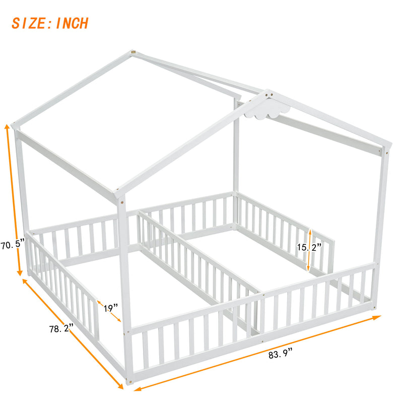 Double Twin House-Style Floor Bed With Fence, Guardrails, Without Door